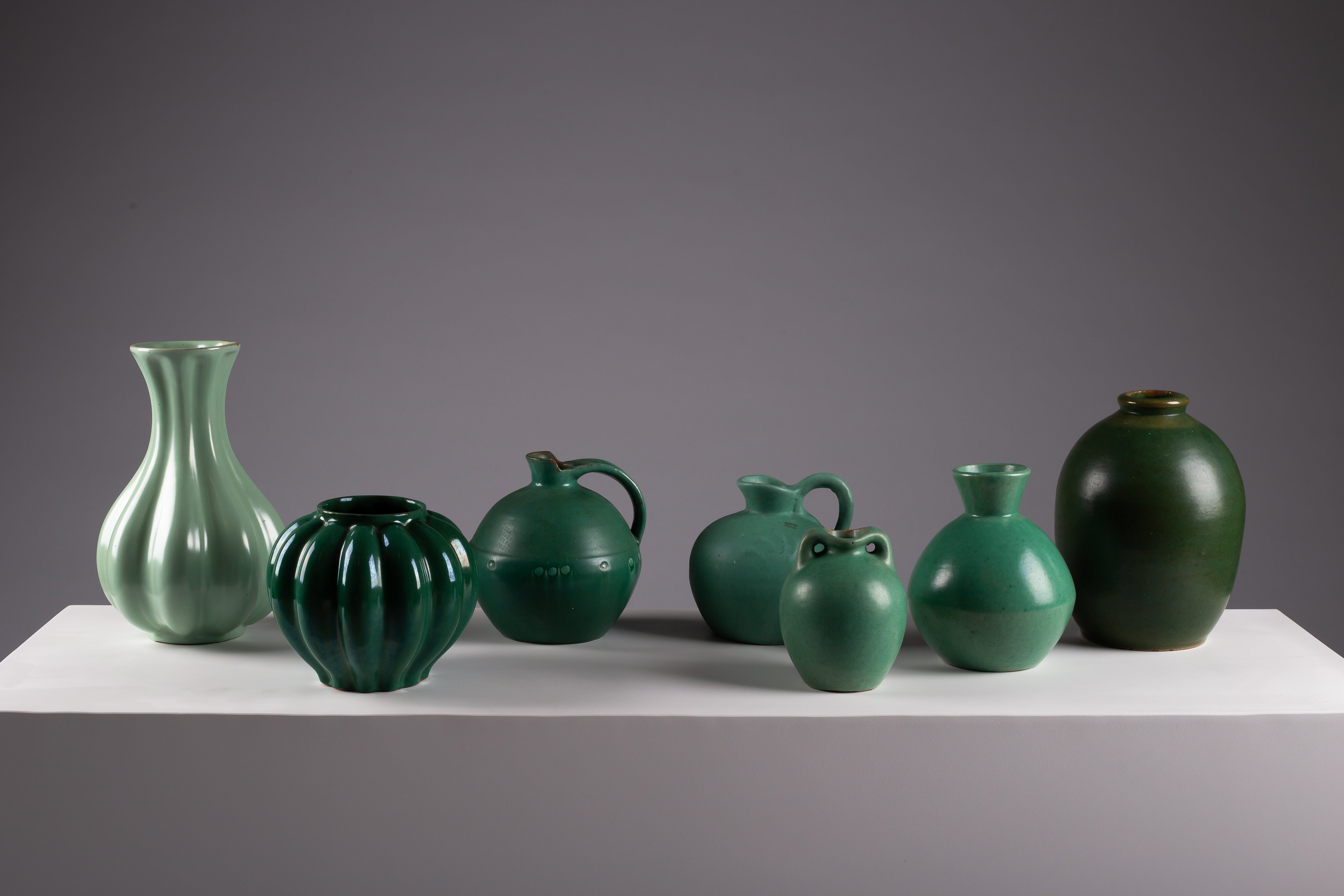 Collection of Scandinavian Modern Green Ceramic Vases en venta
