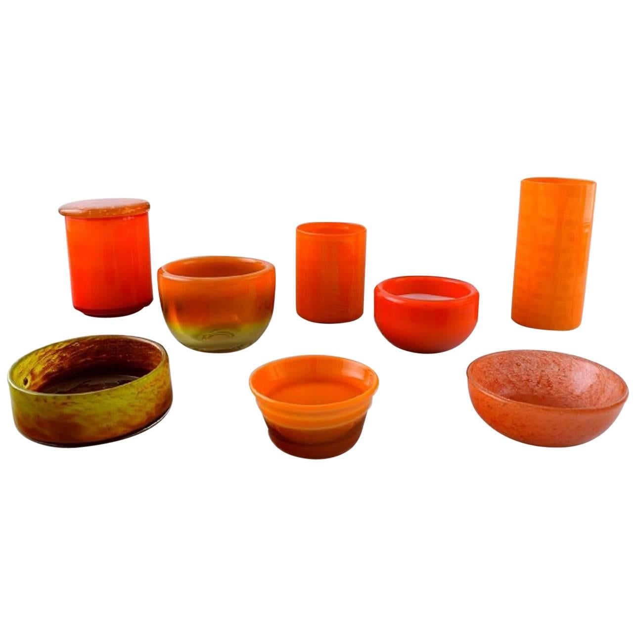 Collection of Scandinavian Orange Art Glass Vases and Bowls, Holmegaard and More