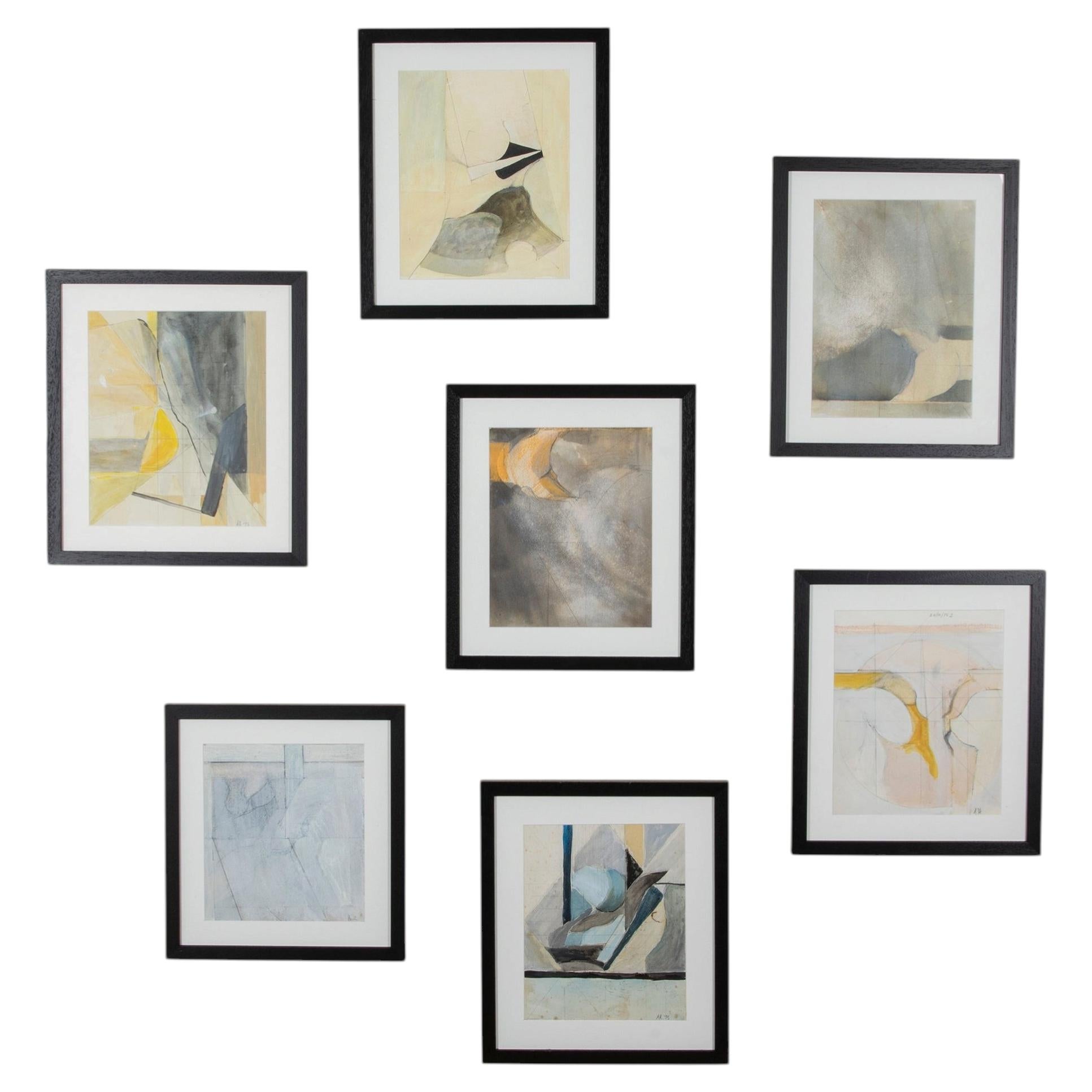 Collection de sept tableaux abstraits encadrés d'Adrian Heath datant du XXe siècle