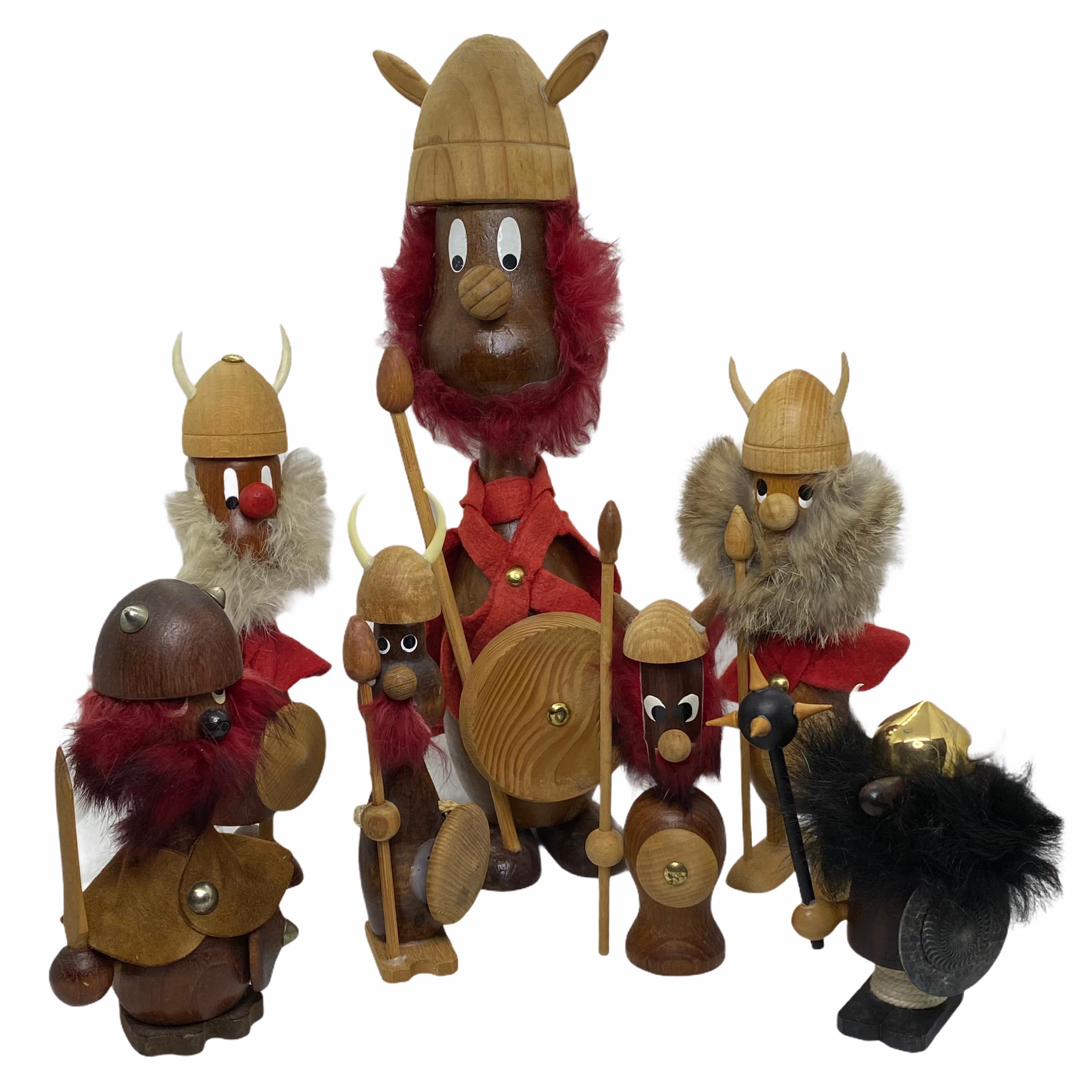 This offer is for a collection of seven Danish vikings by Hans Bolling and Bojesen. The Vikings are made out of mix woods and real fur. They are from the 1950s-1970s. Dimensions very the tallest one 13.5” high and the smallest one is 4.5” high. Nice