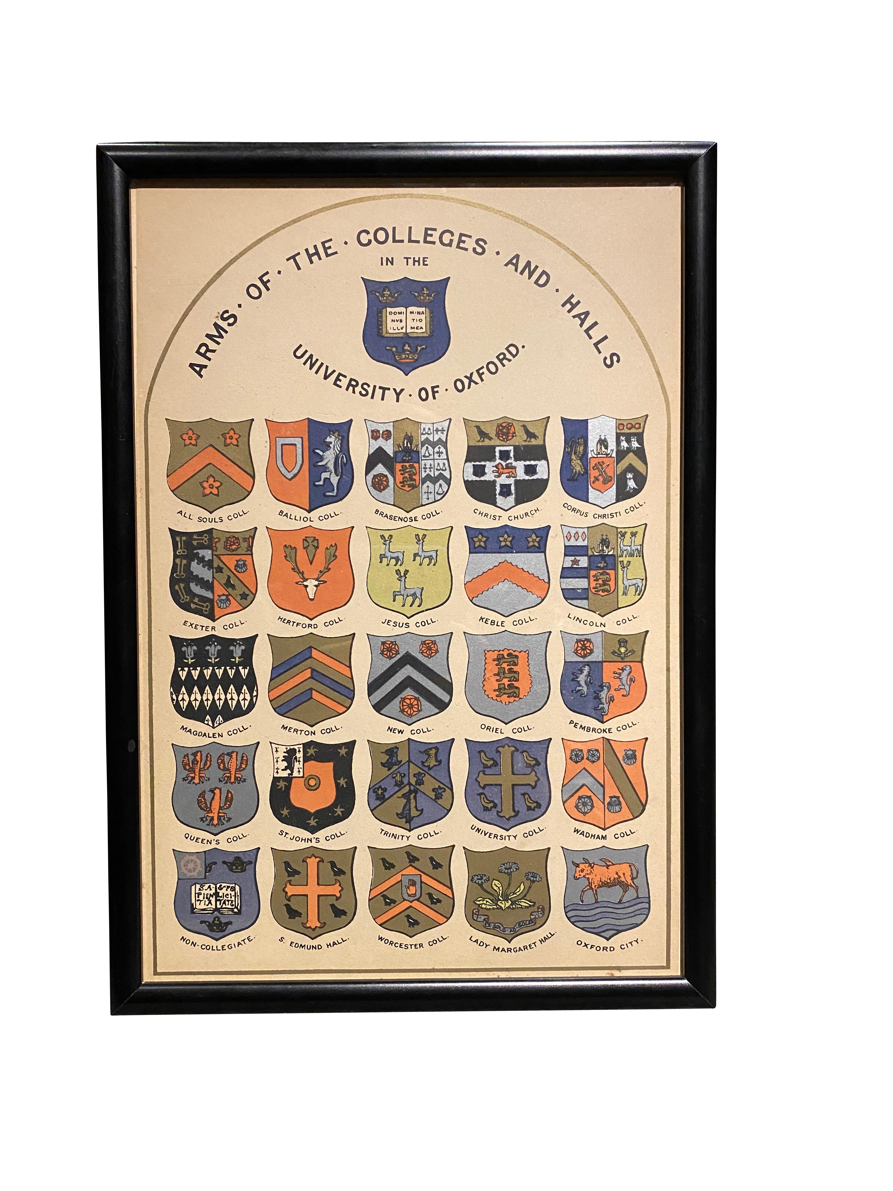 Each painted shield shape tin mounted on a wood conforming back. Many colleges identified by labels on reverse. Together with a framed print identifying the colleges.