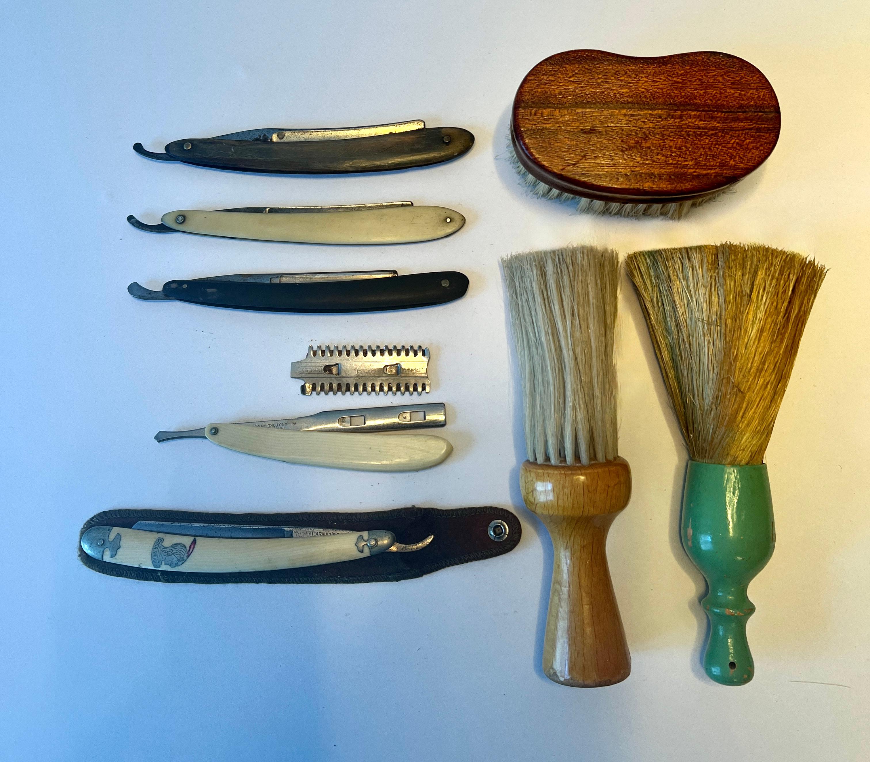 Hand-Crafted Collection of Shaving Razors Brushes and Clothing Brush For Sale