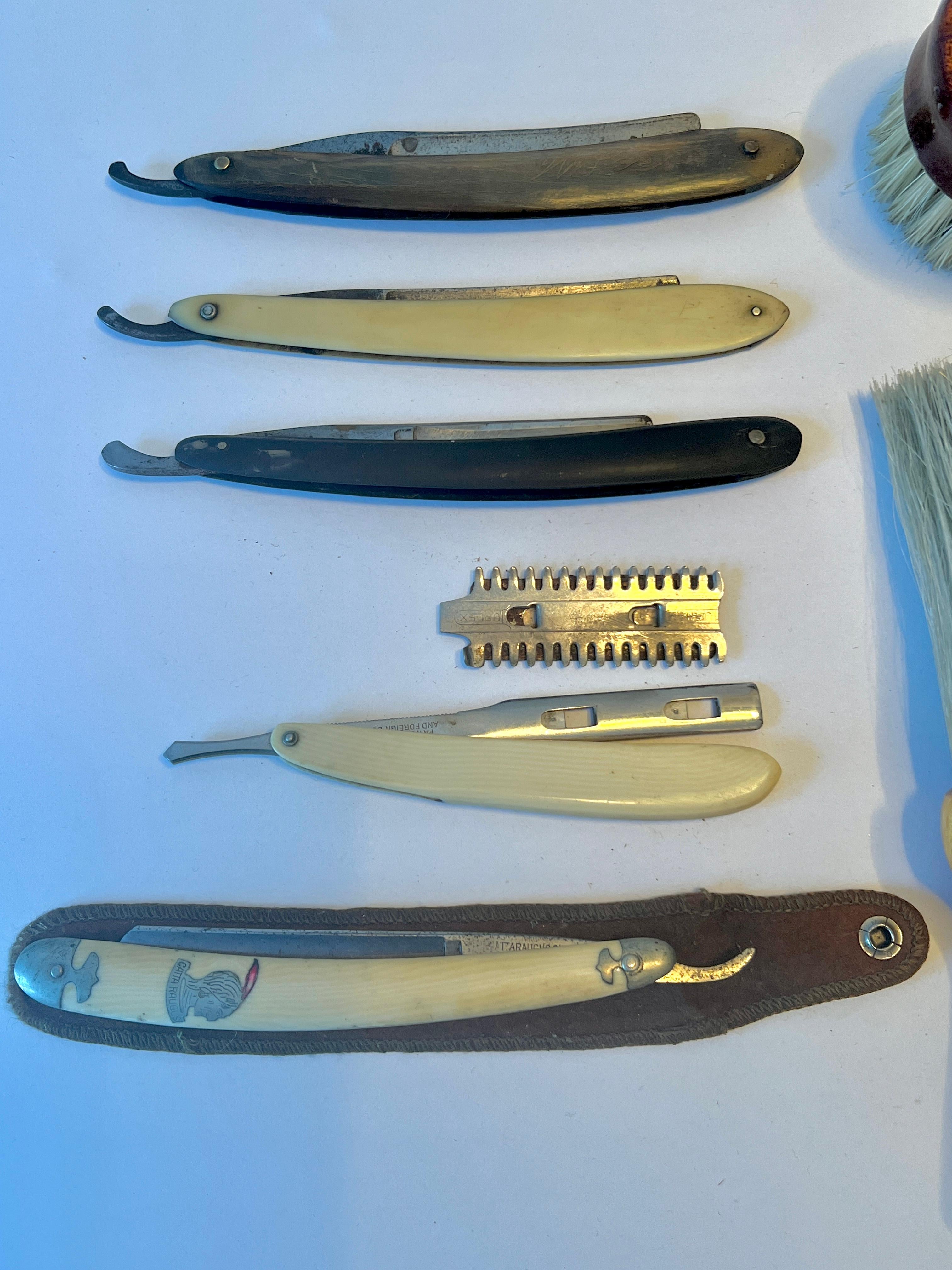 Metal Collection of Shaving Razors Brushes and Clothing Brush For Sale