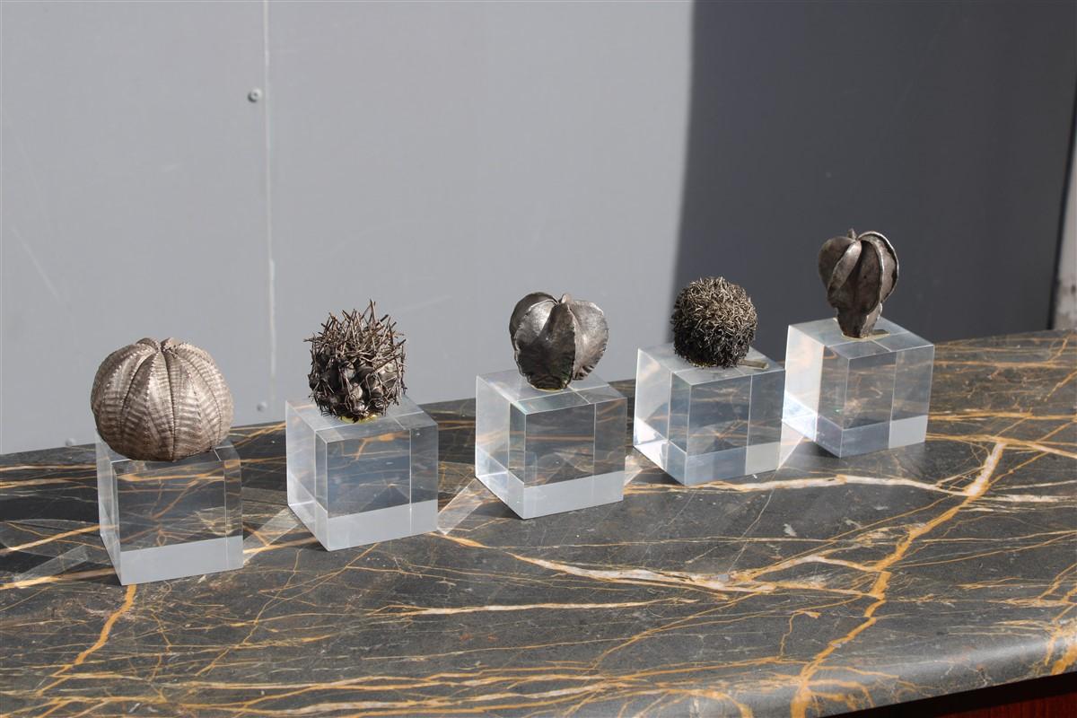 Collection of silver cactus and lucite cube Italian design 1970s.