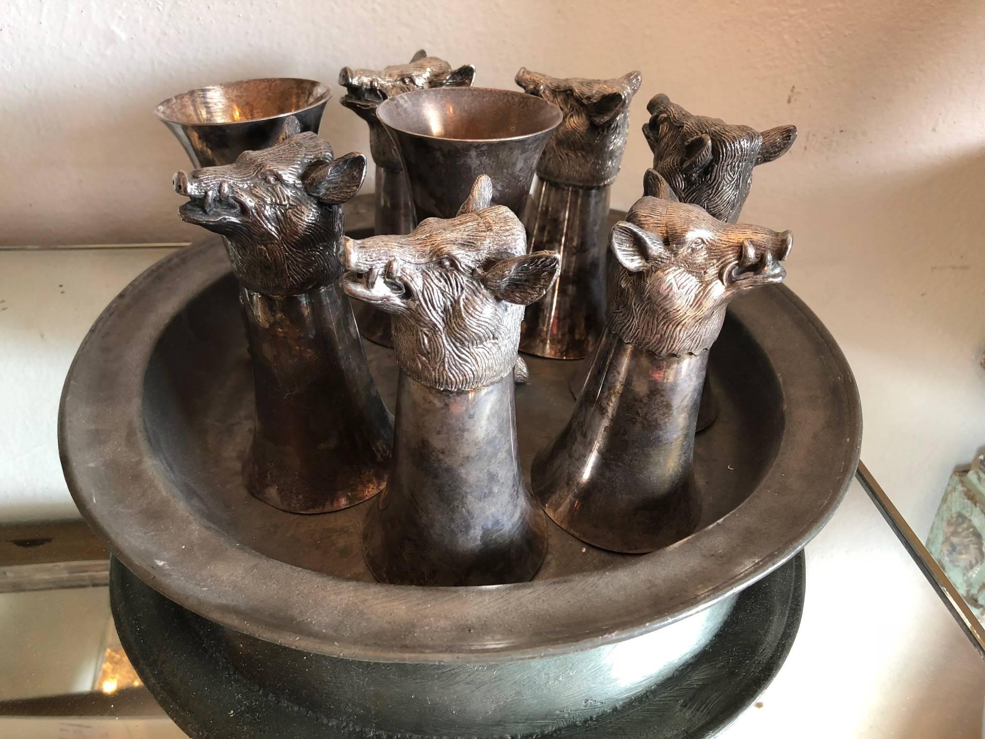 20th Century Collection of Silver Plated Liqueur Cups in Decorated in Wild Boar Deer Head For Sale