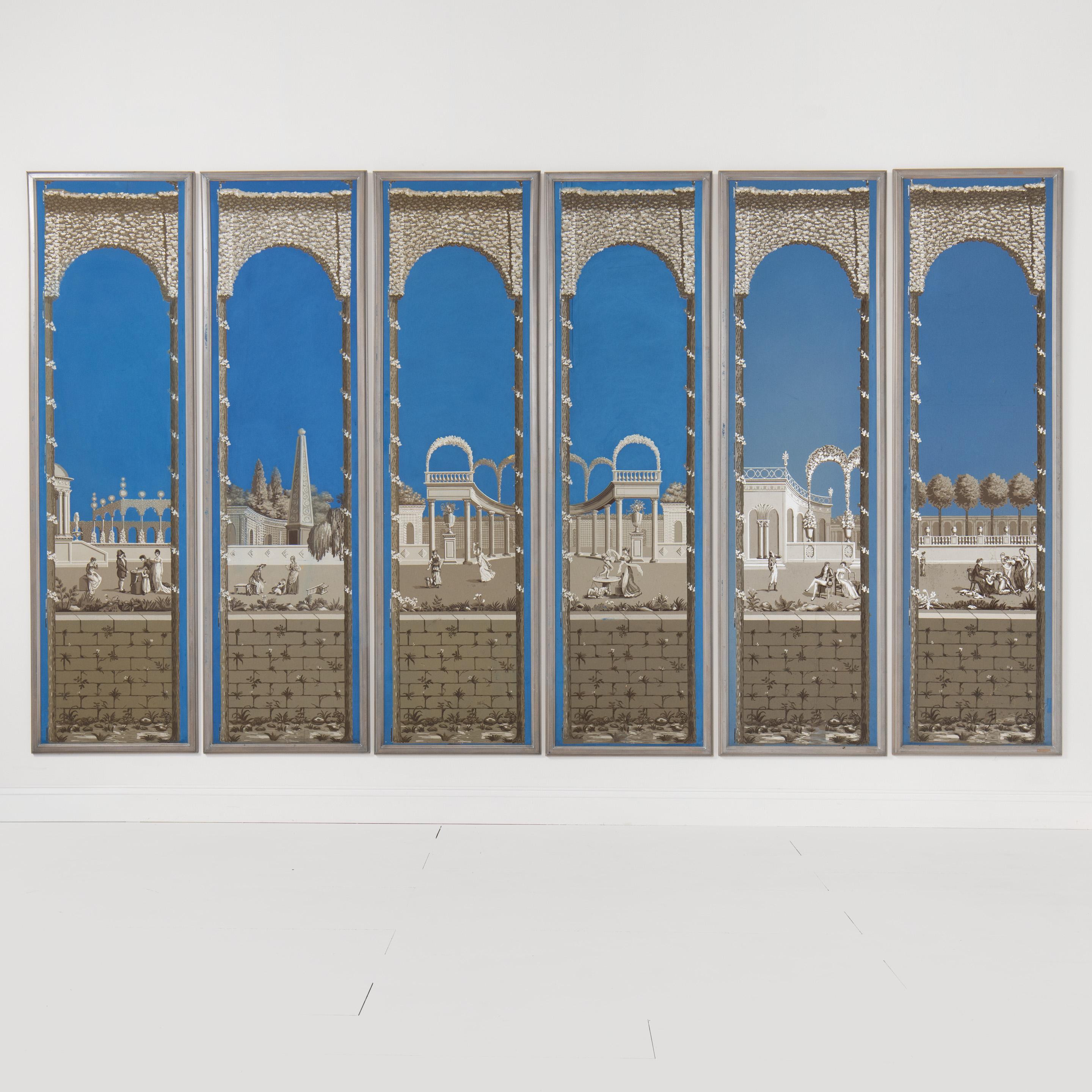 Scènes de papiers peints panoramiques français imprimés à la planche de bois du XIXe siècle dans le style Directoire, très probablement par le premier fabricant français, Zuber & C.C.. Elle présente un panorama de scènes de parcs et de jardins dans