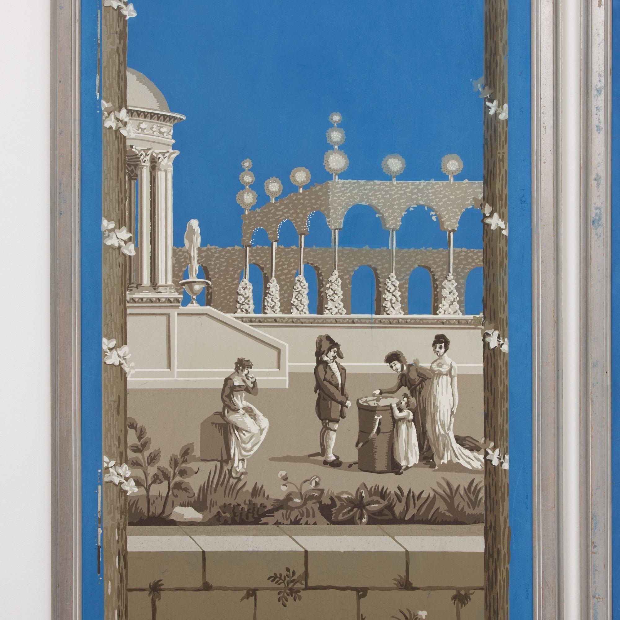 Französische Panoramatapeten im Holzschnitt des 19. Jh. im Directoire-Stil, sehr wahrscheinlich von dem führenden französischen Hersteller Zuber & Cie. Es zeigt ein Panorama von Park- und Gartenszenen in leuchtenden französischen Blau- und