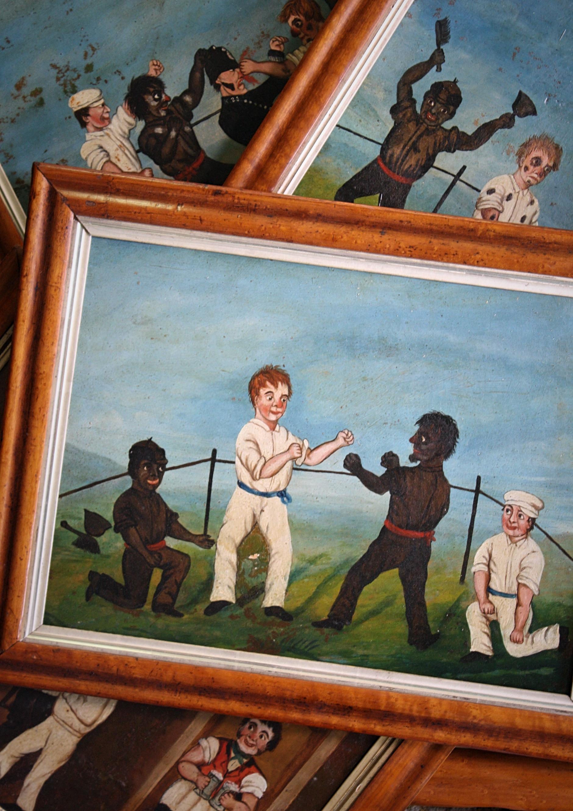 Collection of Six 19th Century Folk Art Oil on Board Boxing Fighting Scenes For Sale 6