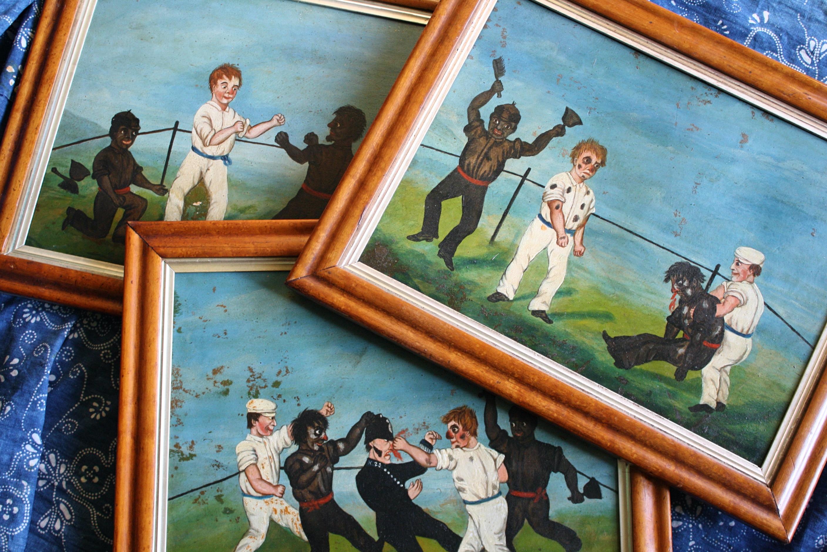 Collection of Six 19th Century Folk Art Oil on Board Boxing Fighting Scenes For Sale 9