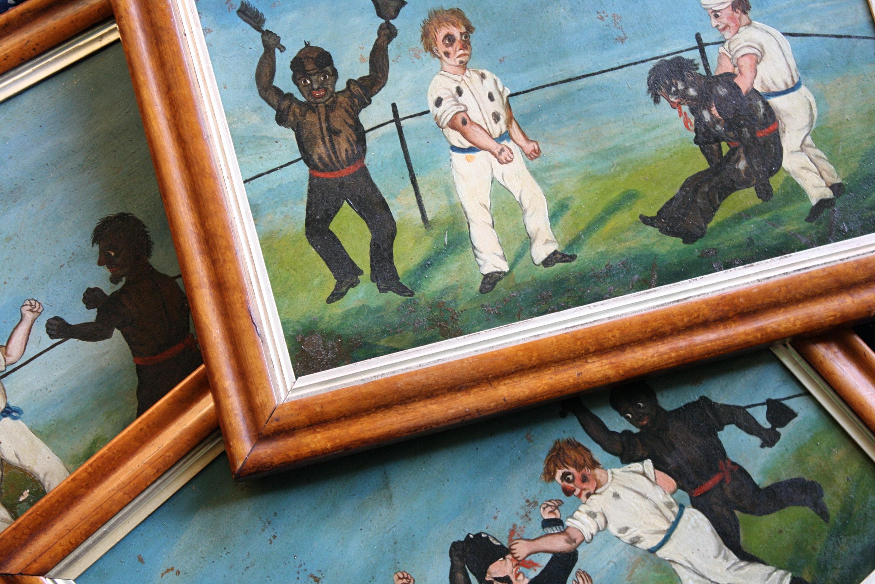 Collection of Six 19th Century Folk Art Oil on Board Boxing Fighting Scenes For Sale 3