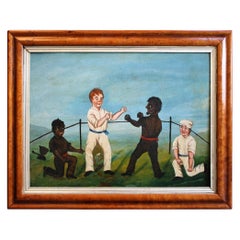 Collection of Six 19th Century Folk Art Oil on Board Boxing Fighting Scenes