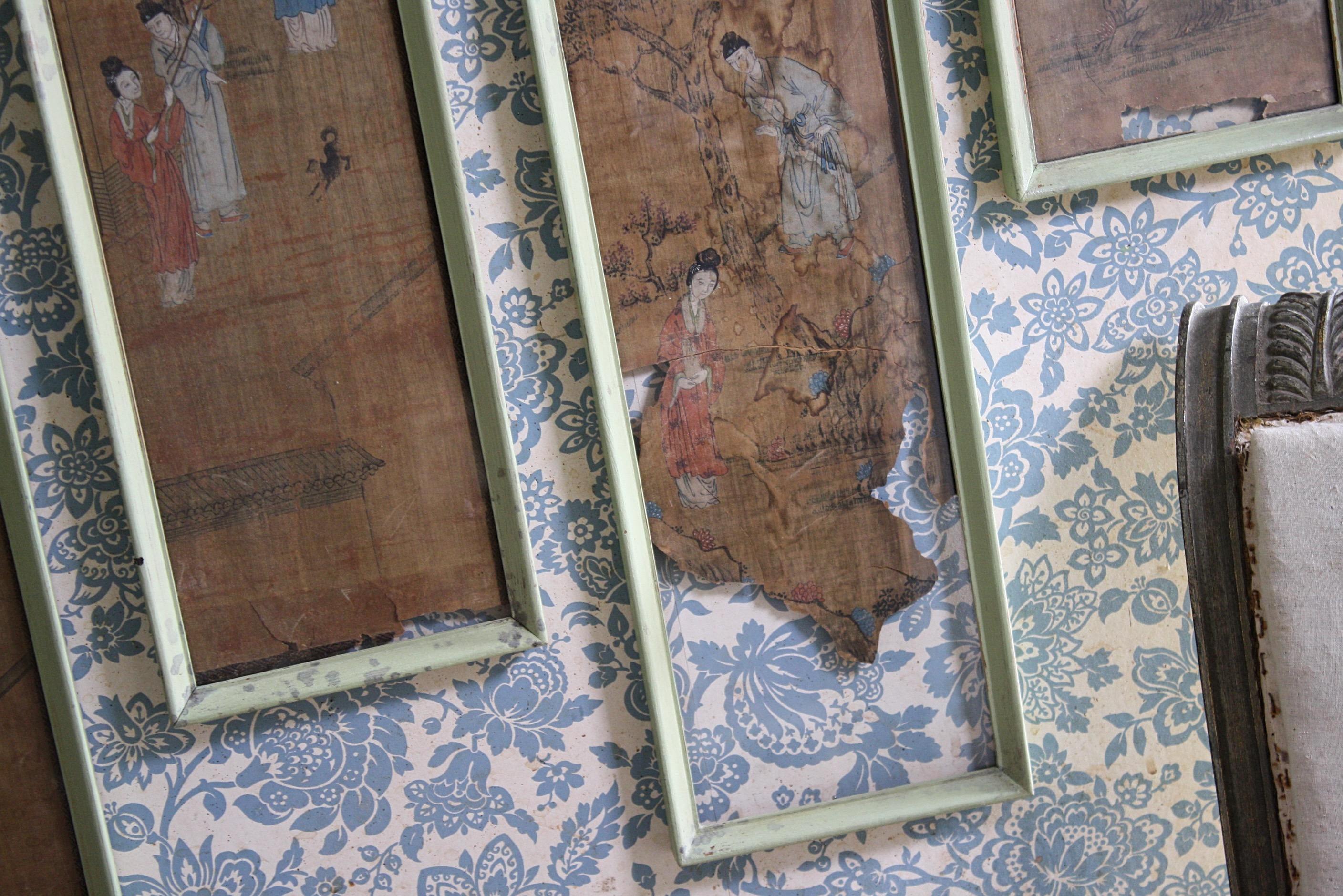A collection of six 19th century oriental outdoor scenes, watercolours on rice paper.

Stains, losses and discolouration, housed in later overpainted glazed frames but with a wonderful country house decorative look.

Each painting is 77/19/3cm

 

