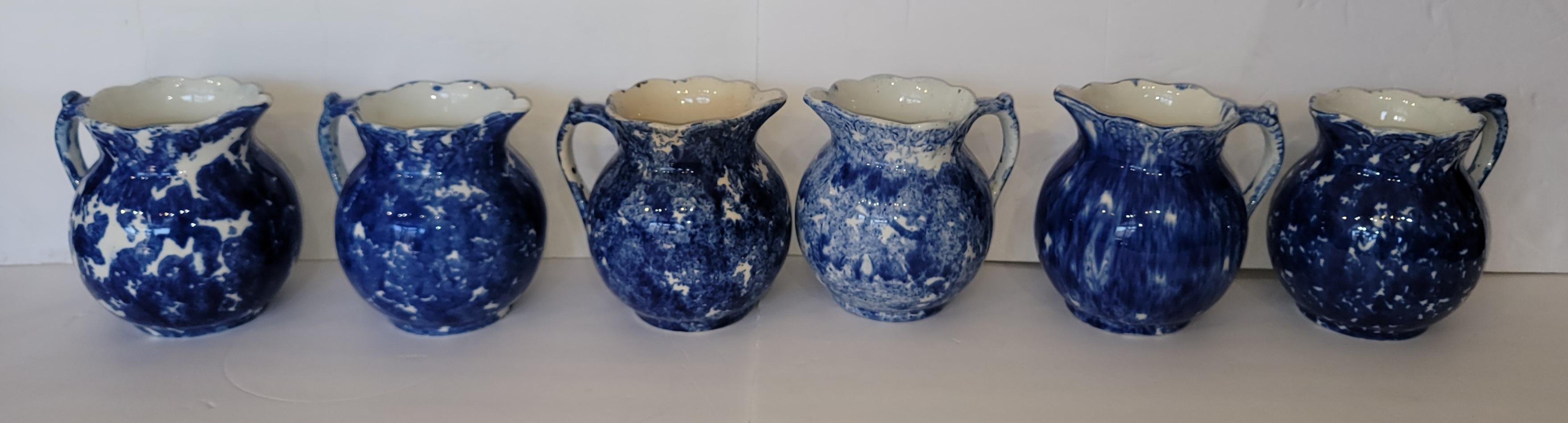 American Collection of Six 19thc Sponge Ware Bulbous Pitchers For Sale