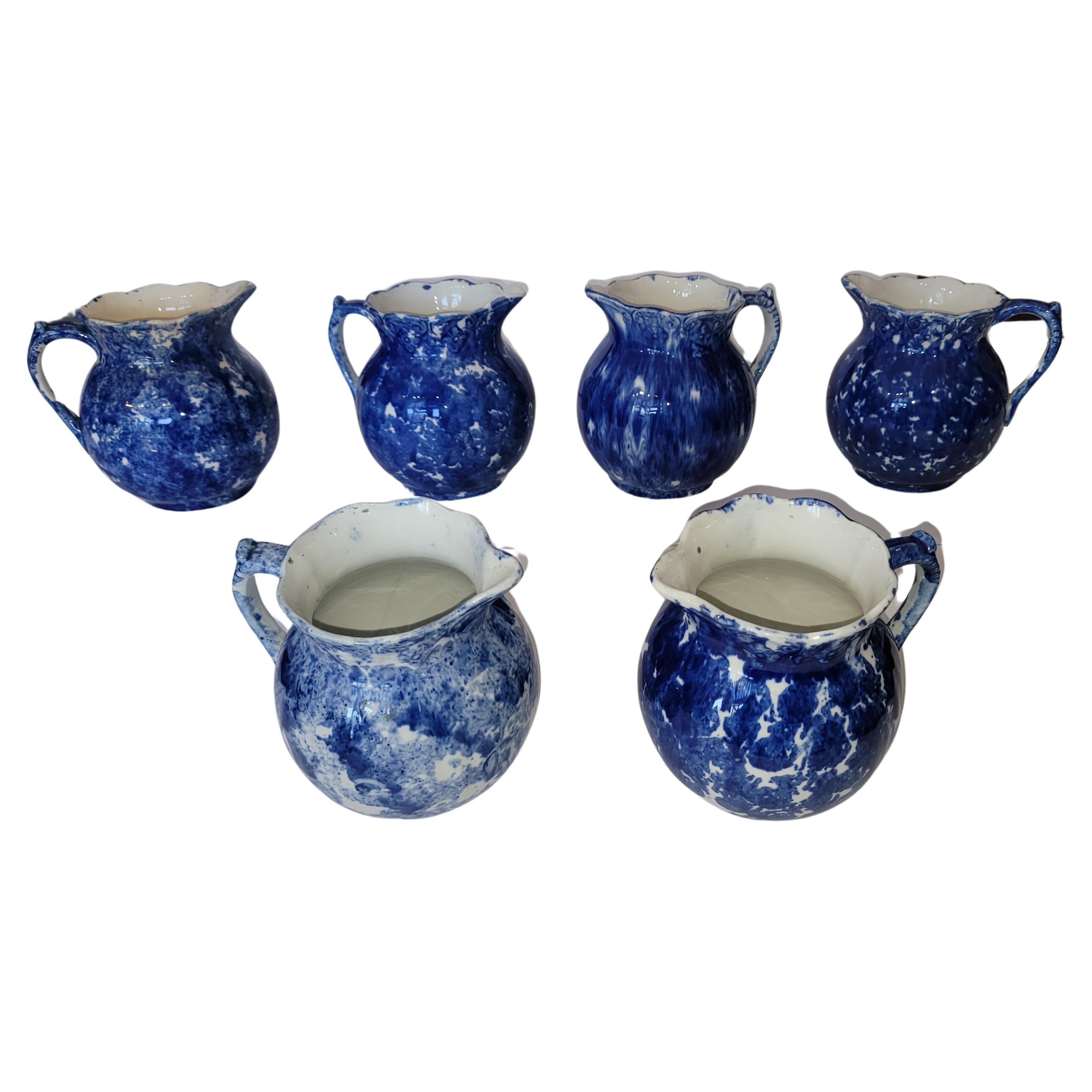 Collection of Six 19thc Sponge Ware Bulbous Pitchers For Sale