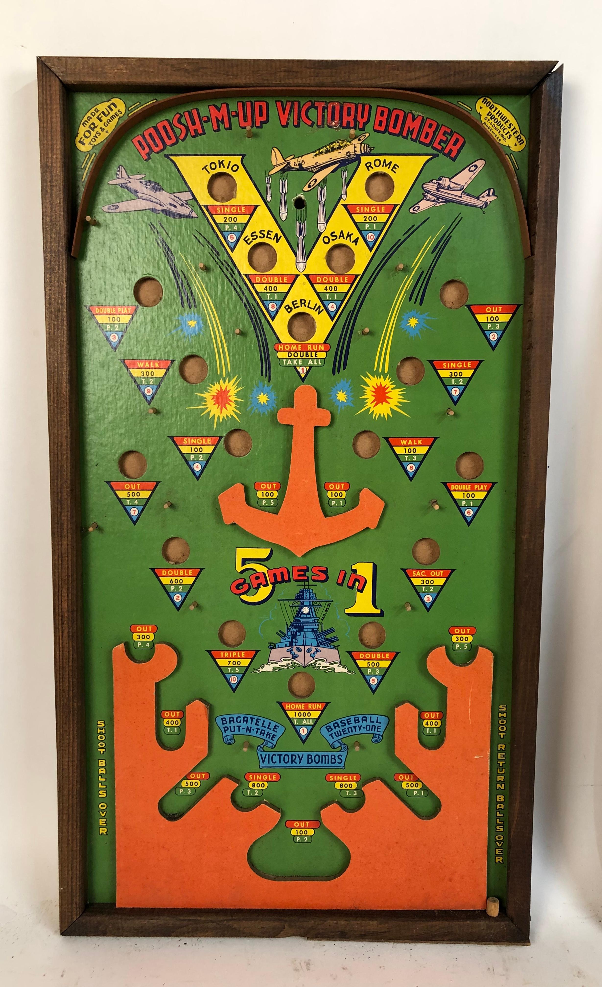 A collection of 6 graphic antique American pinball games circa 1930s-1950s. Ranging in size from 24” to 22.25 high. From 12” to 14 wide and all approximately 1” deep.
 