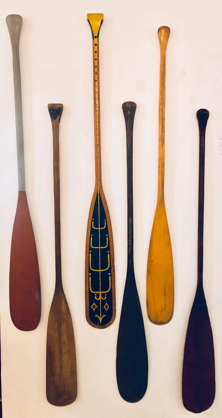 Collection of Six Antique Wooden Canoe Paddles with Original Painted