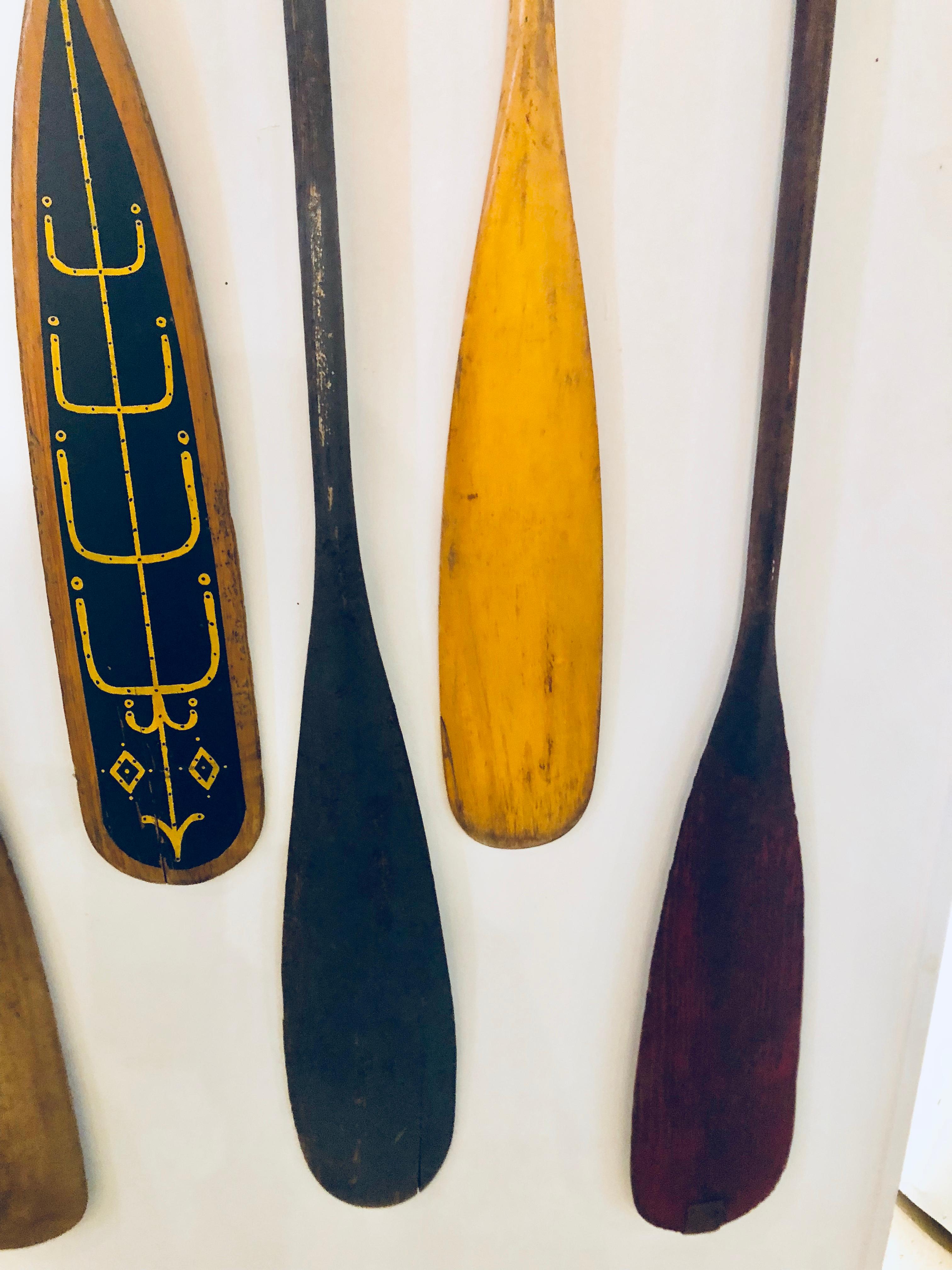 Folk Art Collection of Six Antique Wooden Canoe Paddles with Original Painted Surfaces