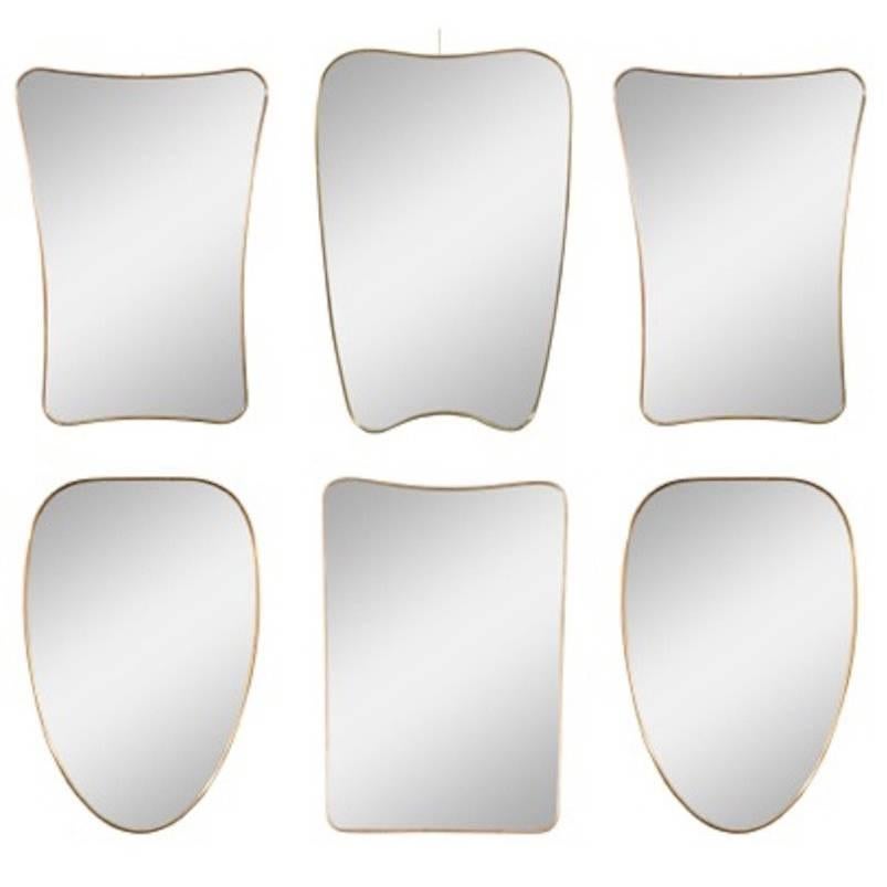 Collection of Six Brass Framed Wall Mirrors in the Style of Gio Ponti