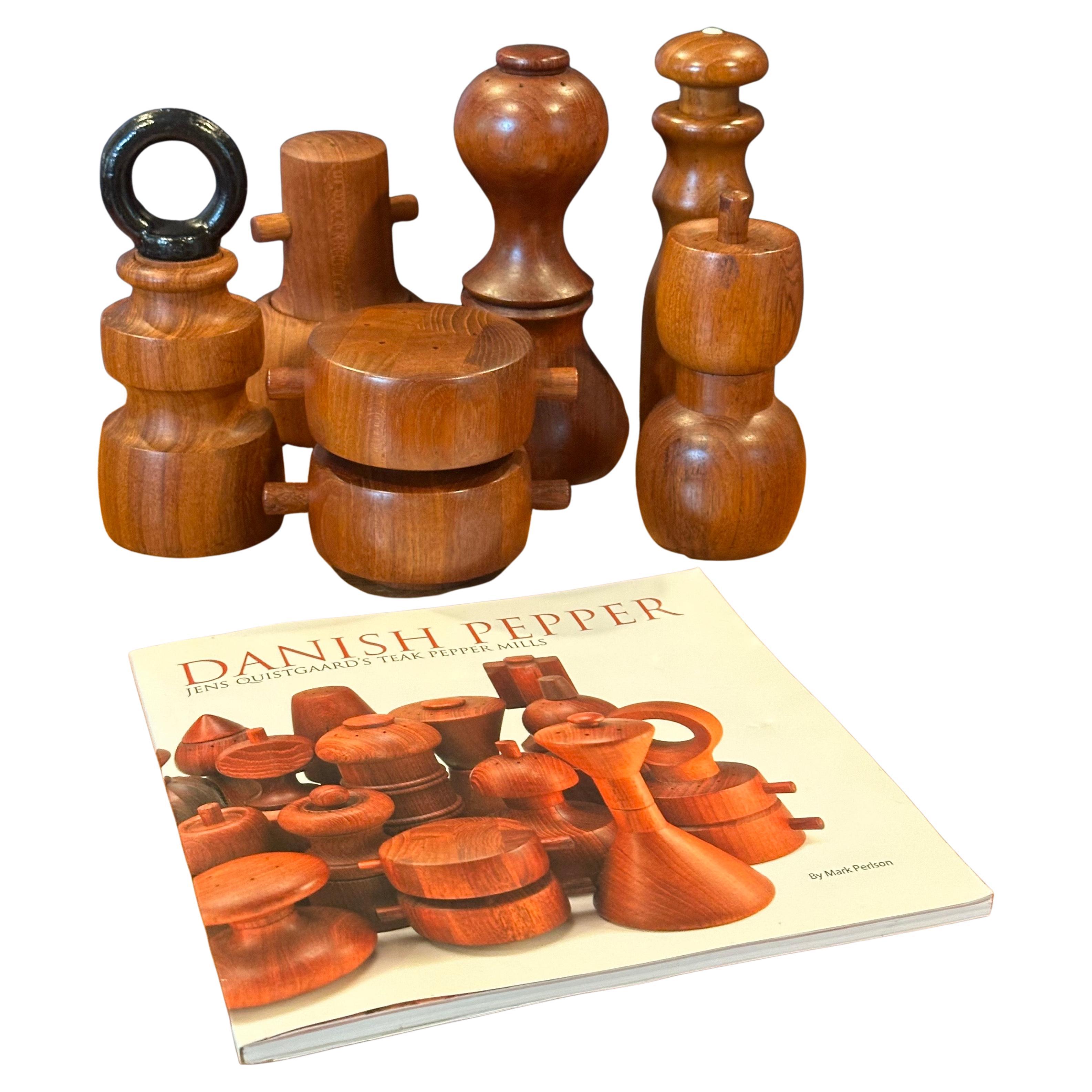 Awesome collection of six Danish Modern teak pepper mills by Jens Quistgaard for Dansk and other Danish manufacturers, circa 1960s.  The mills are in very good vintage condition and range in height 5.5