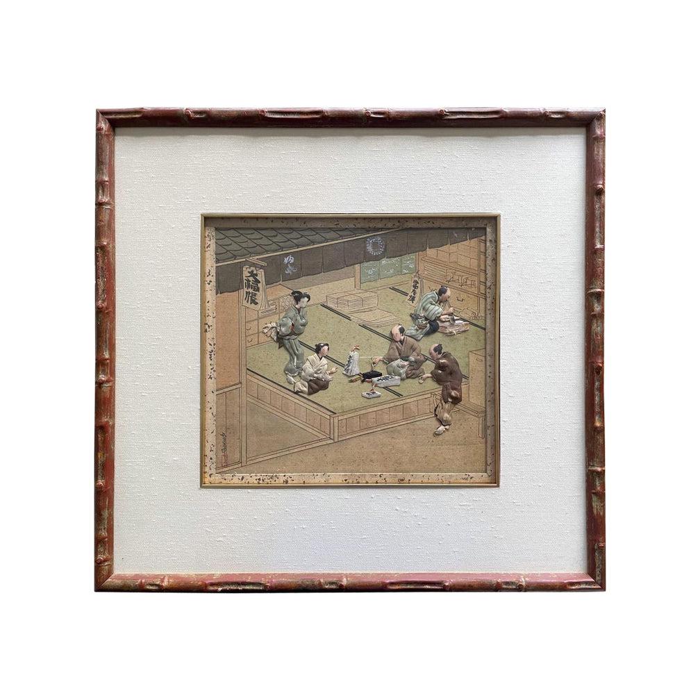 On offer is a rare set of six framed Japanese textile art called Oshi-E circa Meiji Period (1868-1912). This rare set of panels depict various aspects of daily life in Edo time with stunning details. These snapshots of moments not only reveal the