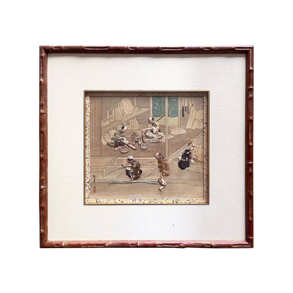 Japonisme Collection of Six Framed Japanese Oshi-E Textile Art Meiji Period