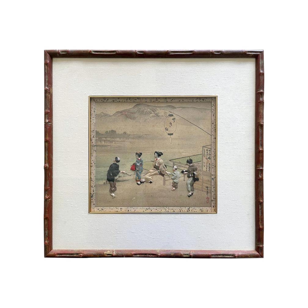 Collection of Six Framed Japanese Oshi-E Textile Art Meiji Period In Good Condition In Atlanta, GA