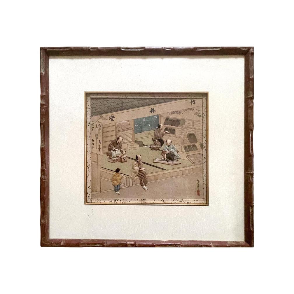 Late 19th Century Collection of Six Framed Japanese Oshi-E Textile Art Meiji Period