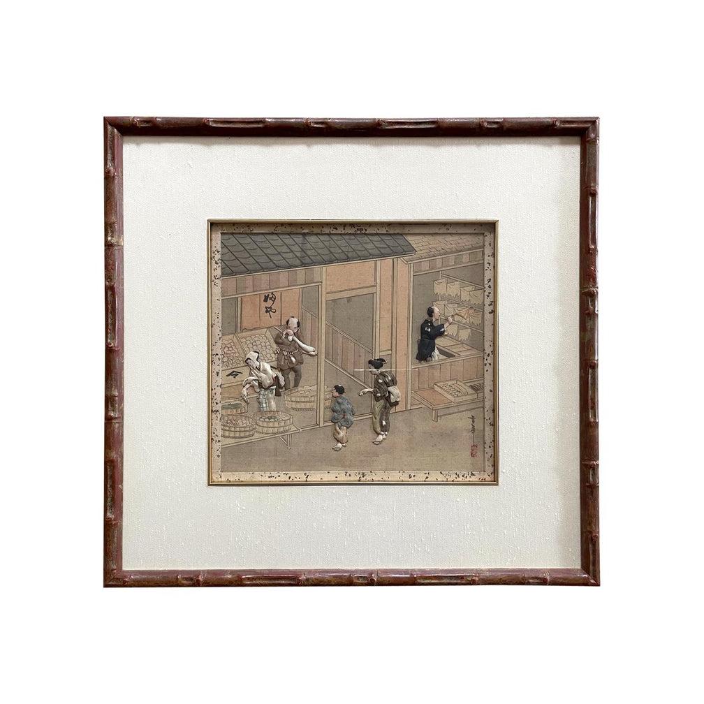 Collection of Six Framed Japanese Oshi-E Textile Art Meiji Period 1
