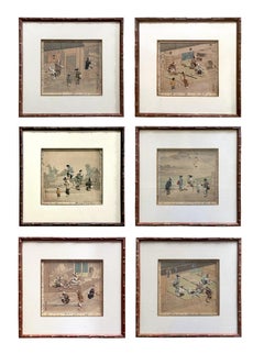 Collection of Six Framed Japanese Oshi-E Textile Art Meiji Period