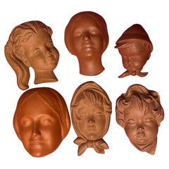 Collection of Six Head Bust Wall Mask Decoration Vintage, Germany Austria 1950s