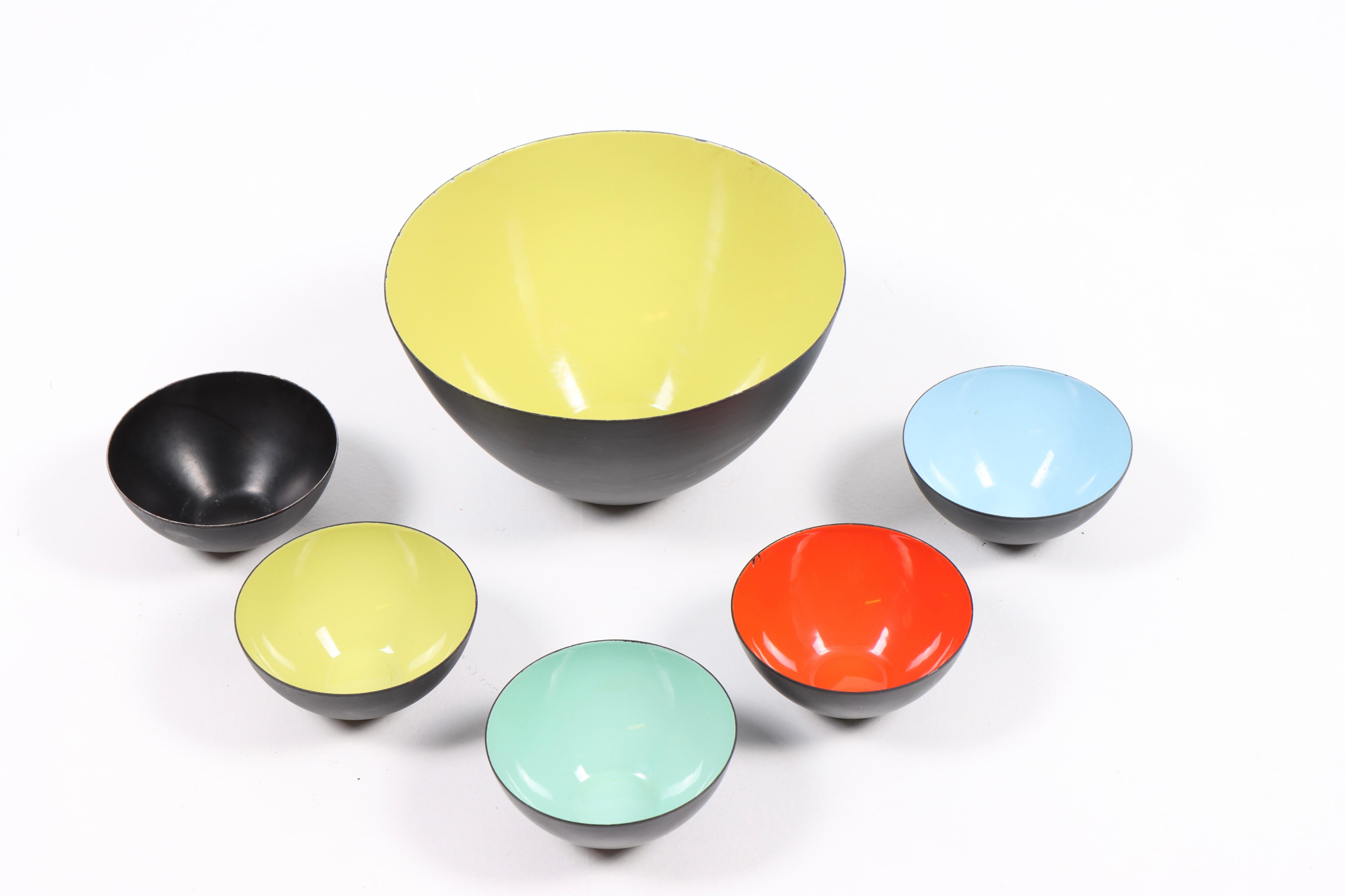 Set of six bowls in metal and enameled. Designed by Herbert Krenchel and made by Torben Ørskov. Great original condition.