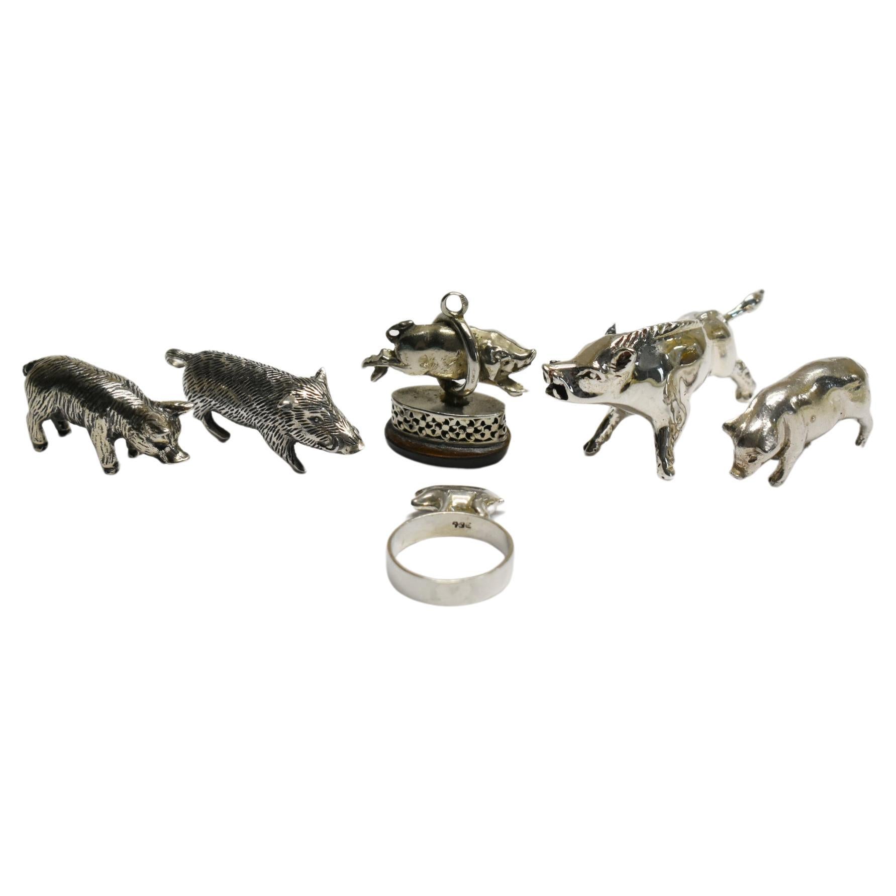 Collection of Six Miniature Silver Pigs & Wild Boar For Sale