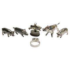 Collection of Six Miniature Silver Pigs & Wild Boar