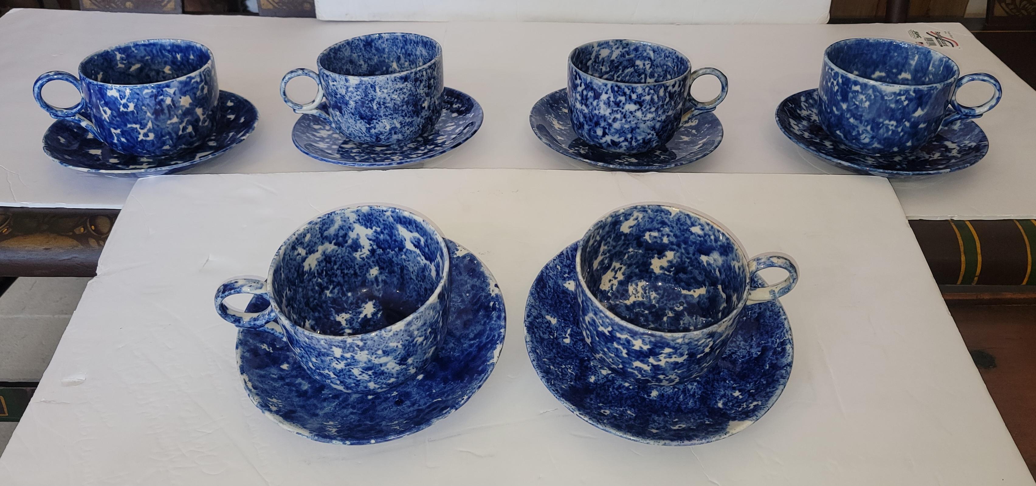 These amazing extra large 19thc  mush cups & saucers sponge ware are in mint condition and great colors.They are so unusual and very rare to find in a collection of six !