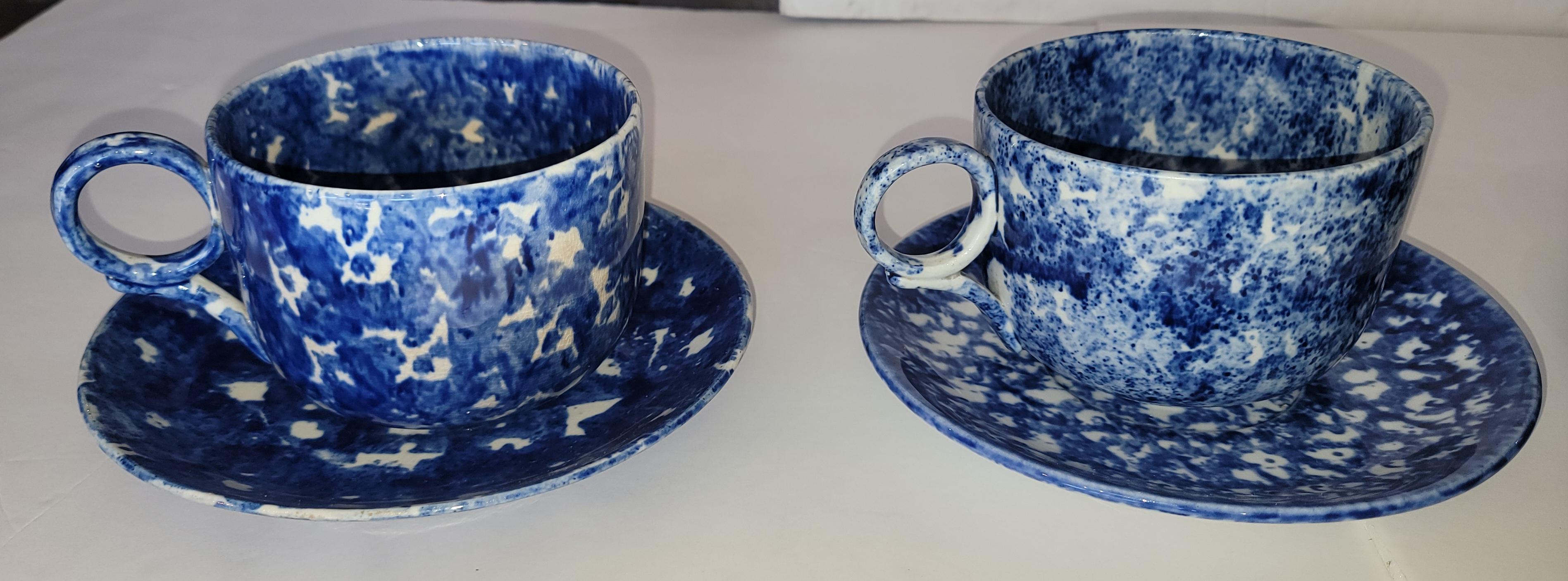 Glazed Collection of  Six Sponge Ware Mush Cups and Saucers For Sale