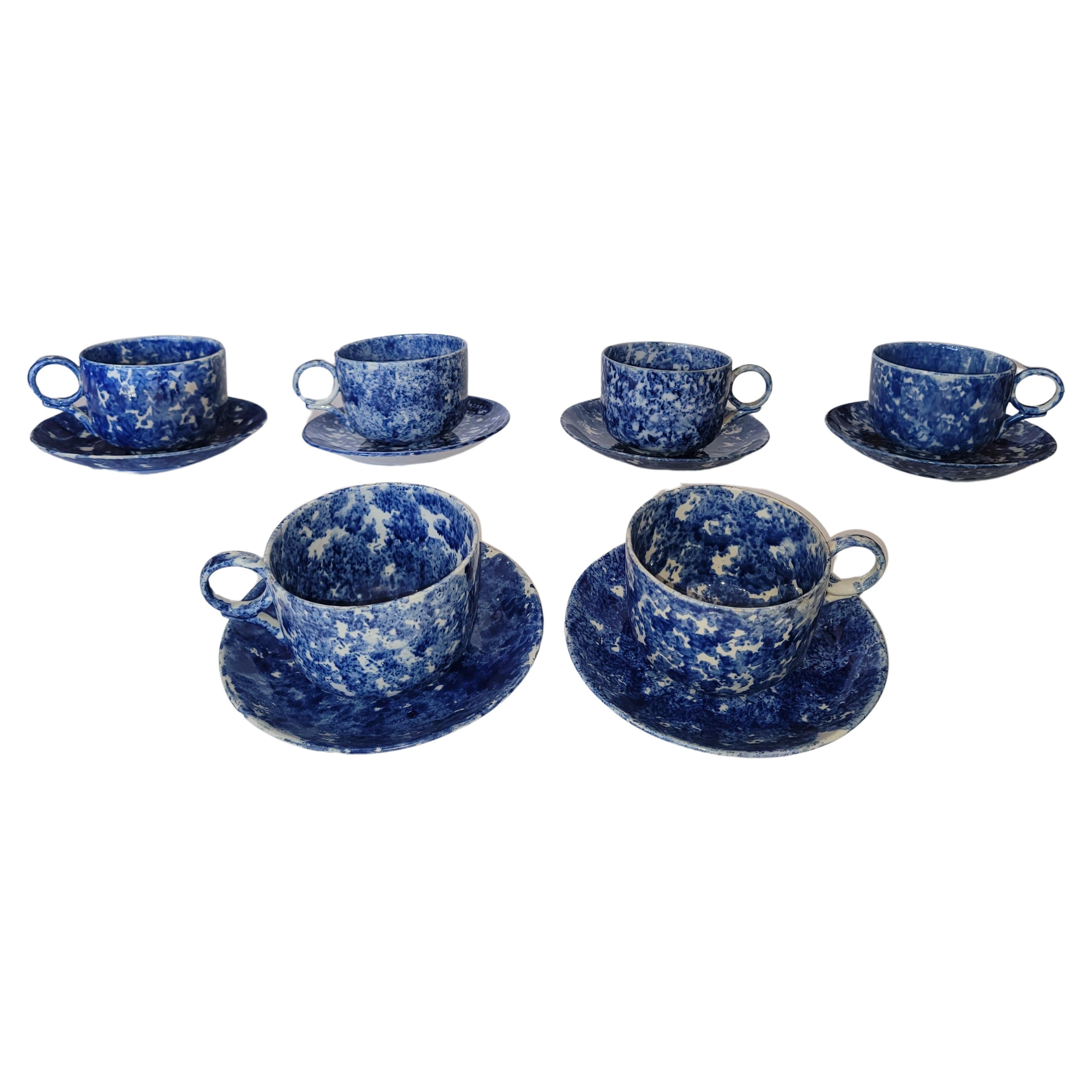 Collection of  Six Sponge Ware Mush Cups and Saucers For Sale