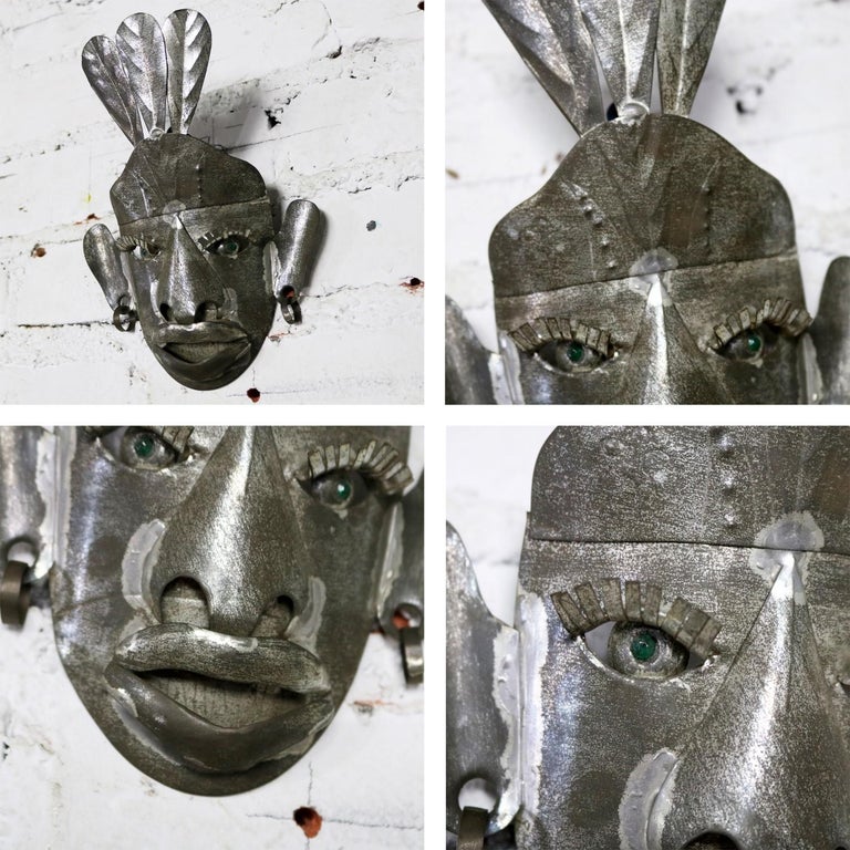 Collection of Six Tin Mexican Folk Art Masks of Varying Size Vintage