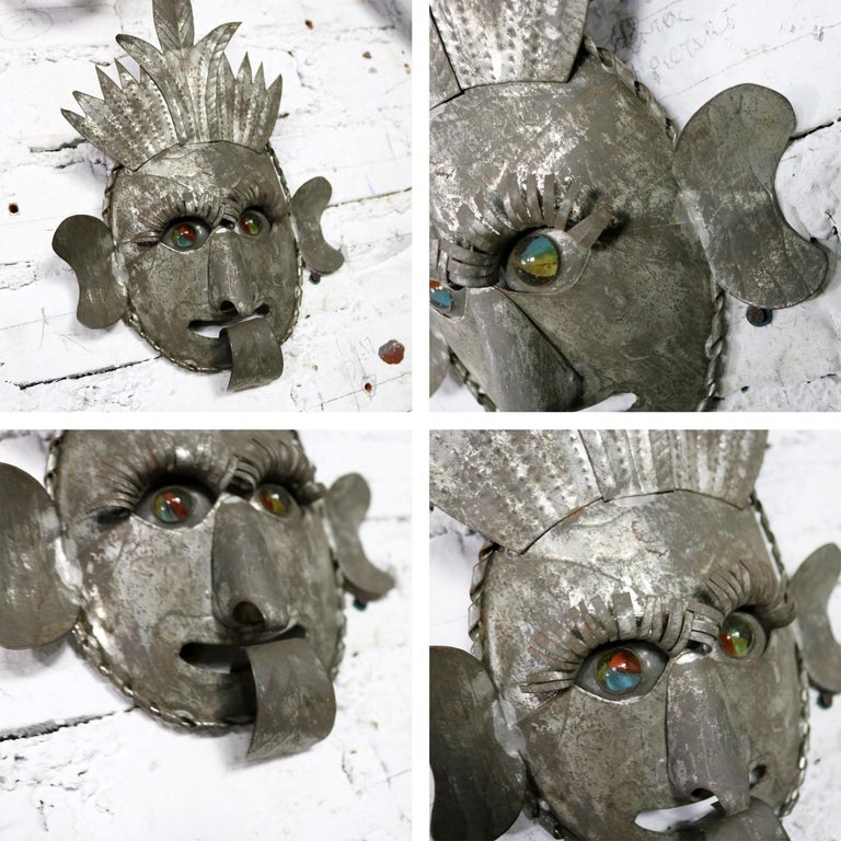 Collection of Six Tin Mexican Folk Art Masks of Varying Size Vintage