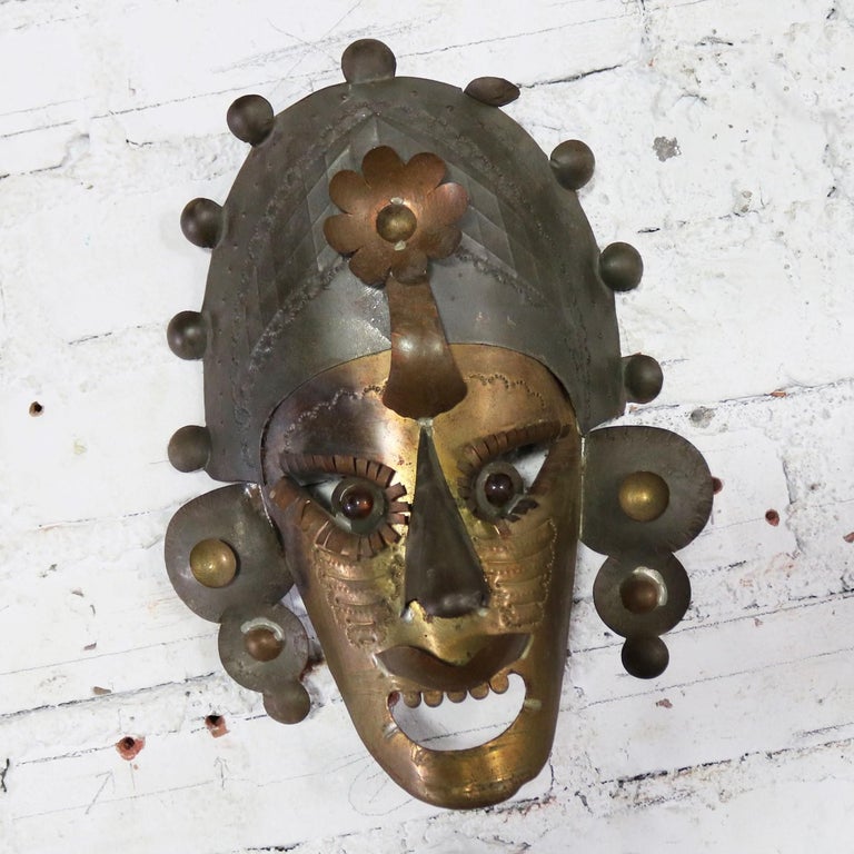 Collection of Six Tin Mexican Folk Art Masks of Varying Size Vintage at