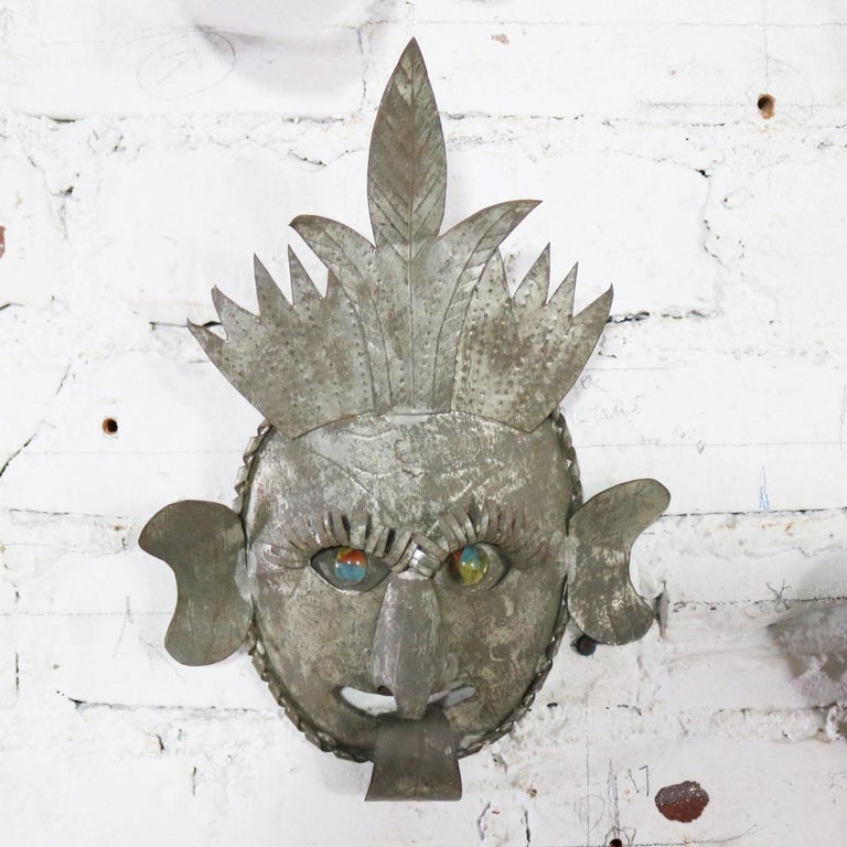 Collection of Six Tin Mexican Folk Art Masks of Varying Size Vintage