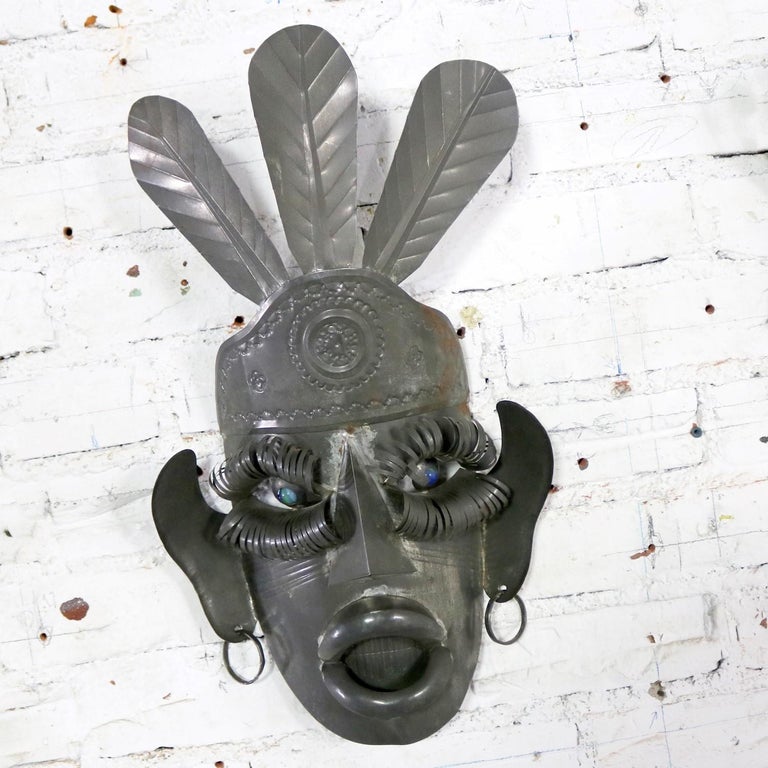 Collection of Six Tin Mexican Folk Art Masks of Varying Size Vintage at