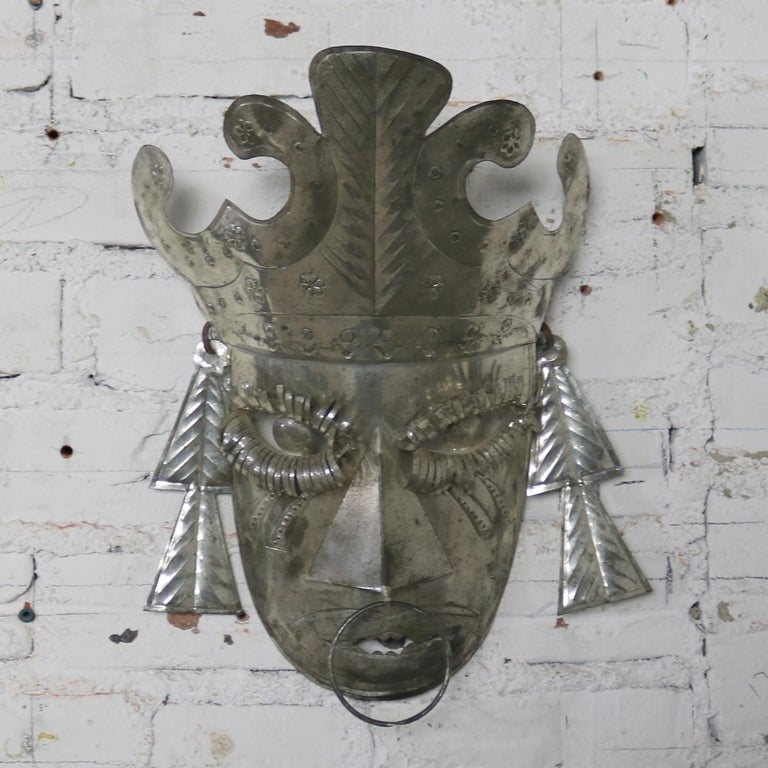 Collection of Six Tin Mexican Folk Art Masks of Varying Size Vintage