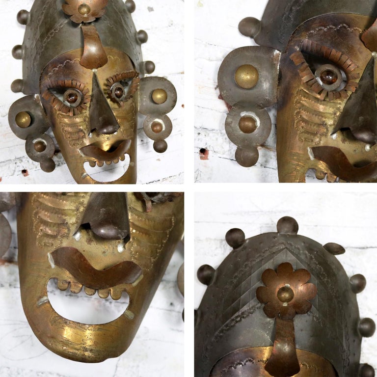 Collection of Six Tin Mexican Folk Art Masks of Varying Size Vintage