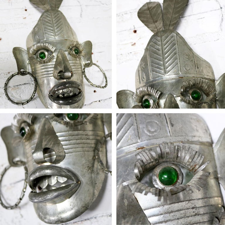 Collection of Six Tin Mexican Folk Art Masks of Varying Size Vintage at