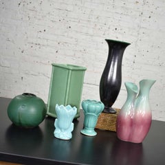Collection of Six Vintage Pottery Vases Green Black Aubergine