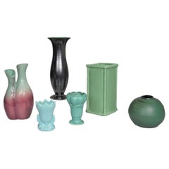 Collection of Six Vintage Pottery Vases Green Black Aubergine