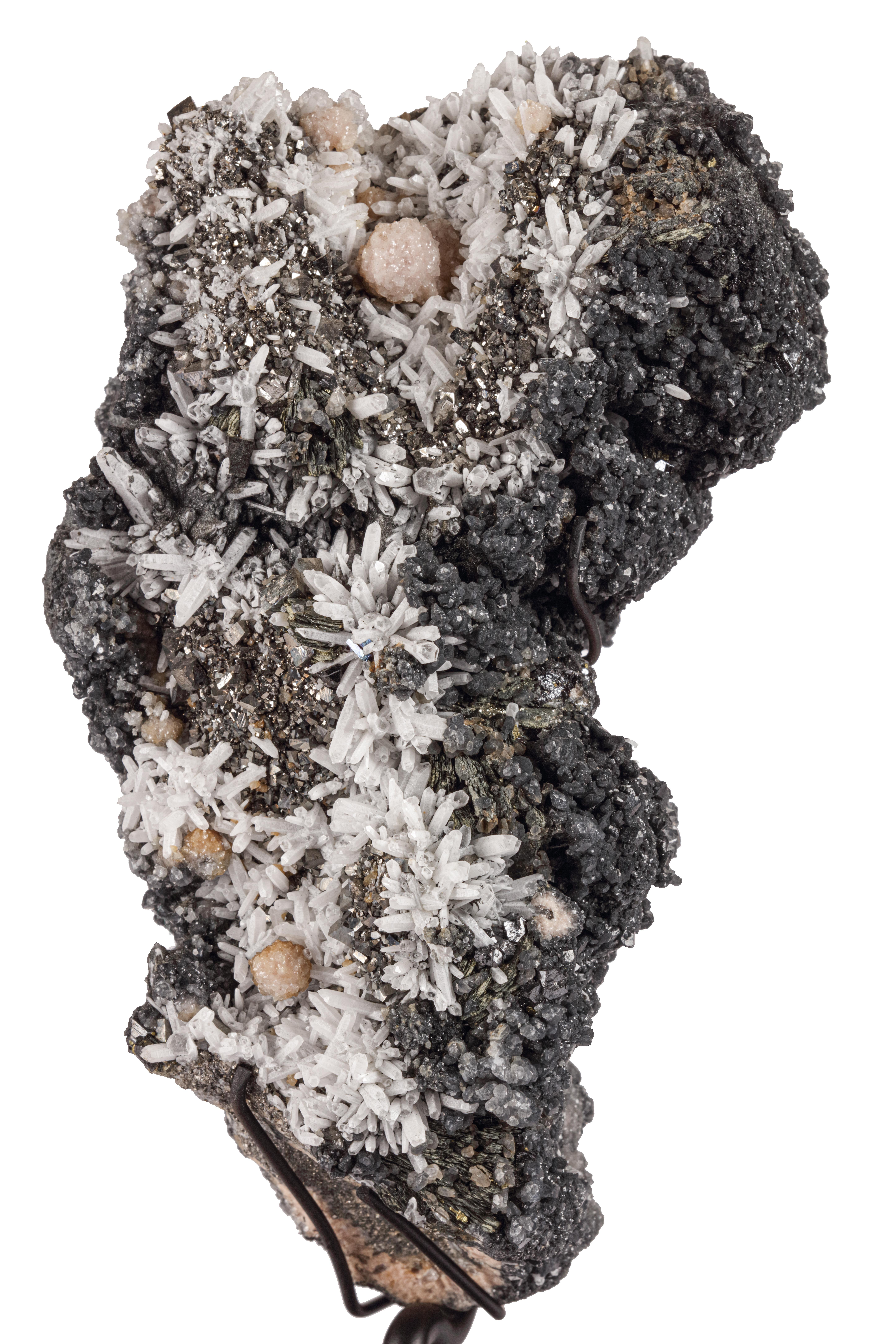 A collection of splendid mineral specimens naturally formed resembling snowy mountains
All found in Trepca, Kosovo

 
From left to right:

Sphalerite, Rock Crystal, Pyrite & Calcite

Measures: H. 16 x L. 36 x W. 26. cm

Galenite, Rock