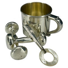 Collection of Sterling Silver Marked Baby Rattles Cup and Teether, c. 1910-1930