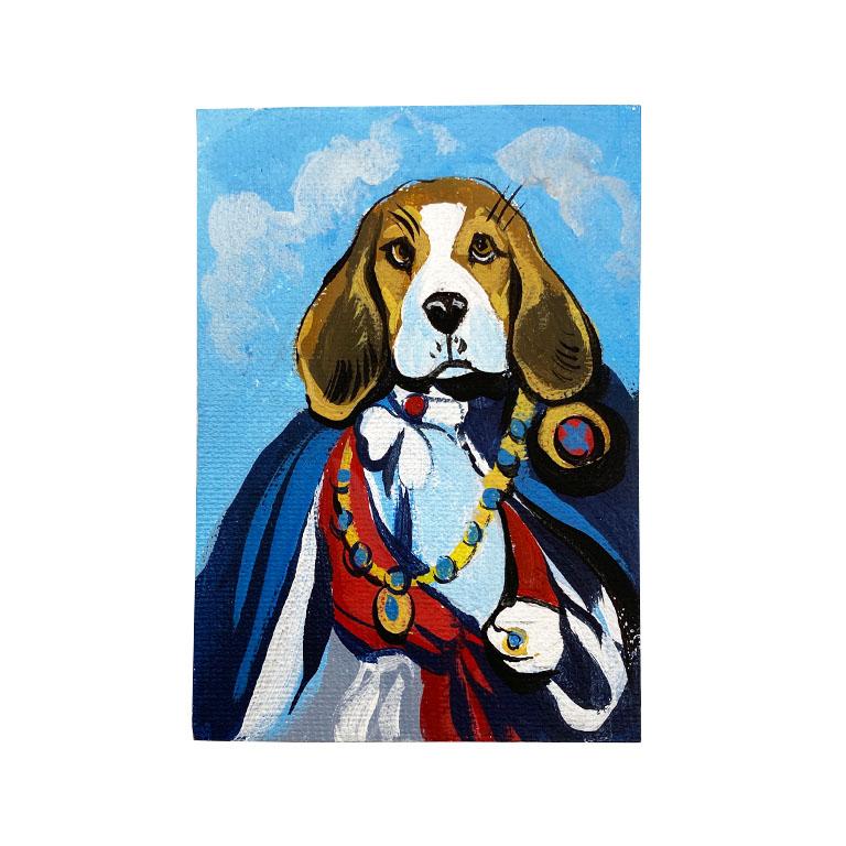 Elizabethan Collection of Surrealist Dog Portrait Paintings in Period Attire, Set of 4 For Sale
