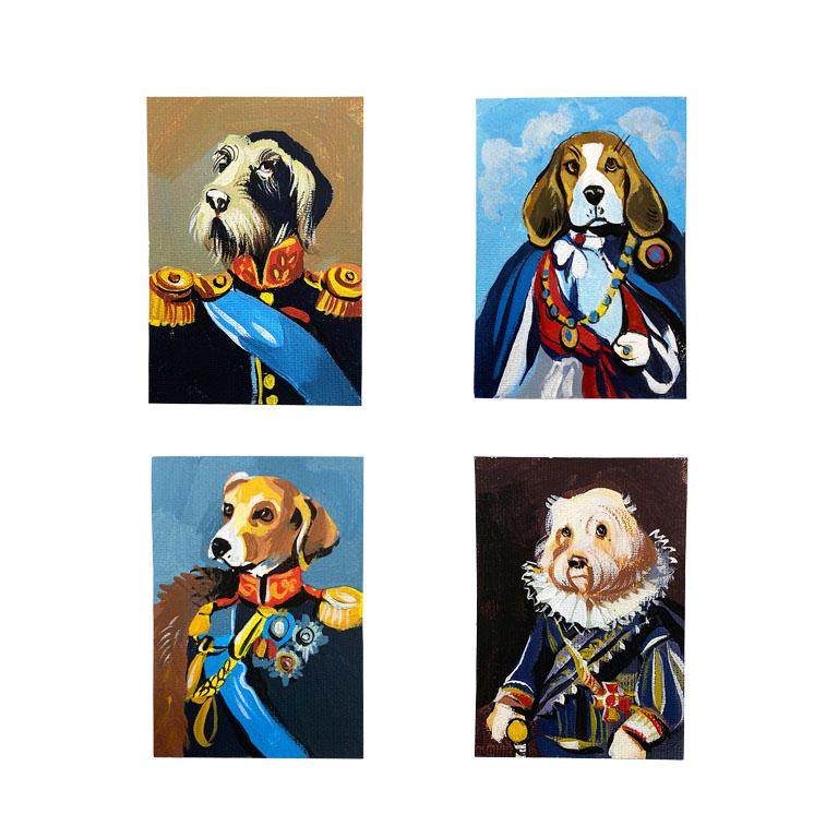 Collection of Surrealist Dog Portrait Paintings in Period Attire, Set of 4 In Distressed Condition For Sale In Oklahoma City, OK